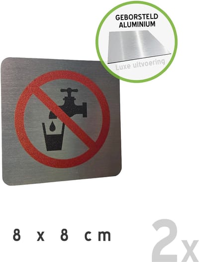 Pictogram/ bordje Dibond geborsteld (2x) | Geen drinkbaar water | 8 x 8 cm | Luxe uitvoering | Water | Kraantjeswater | Drinkwater | Kraan | Voedselveiligheid | Vakantiehuis | Drinken | 2 stuks