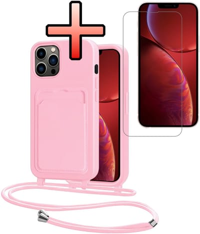 Hoes Geschikt voor iPhone 13 Pro Hoesje Pasjeshouder Cover Met Koord Case Siliconen Hoes Met Telefoonkoord en Kaarthouder Met Screenprotector - Lichtroze