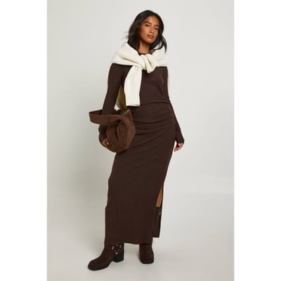 boohoo Dames Petite Geborstelde Rib Lange Mouw Maxi Jurk | Chocoladebruin | Maat: 36