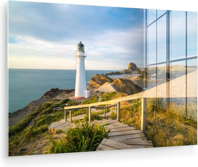 MuchoWow® Glasschilderij 120x80 cm - Schilderij acrylglas - Zee - Vuurtoren - Wit - Foto op glas - Muurdecoratie woonkamer - Wanddecoratie slaapkamer - Schilderijen