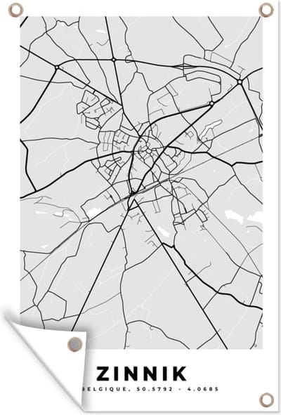 Muurdecoratie Stadskaart – Zwart Wit - Kaart – Zinnik – België – Plattegrond - 120x180 cm - Tuinposter - Tuindoek