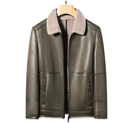 Heren Herfst en Winter Slim Fur One Motorleerjack Warm Gevoerd Effen Kleur Revers Kort Jasje XXXXL