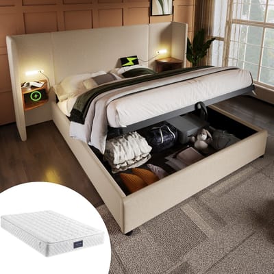MEUNIQ gestoffeerd tweepersoonsbed 160x200 met opbergruimte, hoofdbord met leeslamp, USB en Type-C, lattenbodem en zijplanken voor slaapkamer, beige