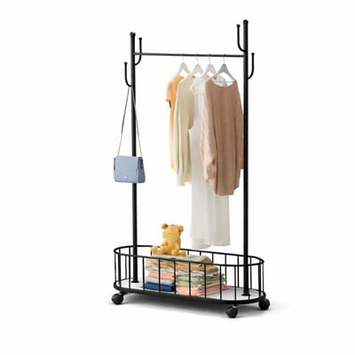 Luxaliving Kledingrek met Wieltjes en Opbergmand – Staande Kapstok – Garderoberek – Kledingrek Slaapkamer – Zwart/Wit – 170x80x32 cm