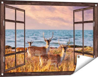 Gards Tuinposter Doorkijk Drie Herten aan de Zee tijdens Zonsondergang - 90x60 cm - Tuindoek - Tuindecoratie - Wanddecoratie buiten - Tuinschilderij