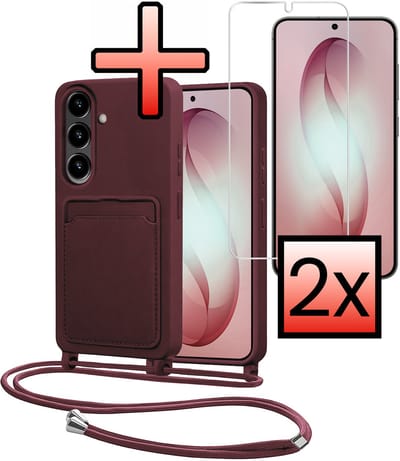 Hoes Geschikt voor Samsung S26 Met Telefoonkoord Met 2x Screenprotector - Siliconen Hoesje Backcover Met Ketting - Aubergine