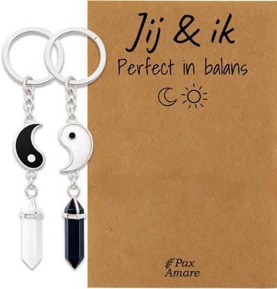 BFF Sleutelhanger voor 2 'Perfect in Balans' - Yin Yang met Edelsteen - Sleutelhanger set op Cadeau Kaartje - Zilverkleurig - Vriendschap Symbool - Pax Amare