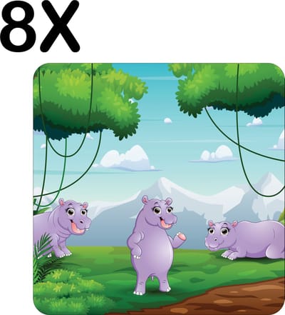 Luxe Placemat - Vrolijke Nijlpaarden in het Bos - Getekend - Set van 8 Placemats - 50x50 cm - 2 mm dik Vinyl - Anti Slip - Afneembaar
