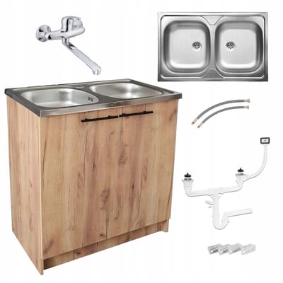 STAMAR - Keukenkast 80 cm - Onderkast met Dubbele spoelbak + kraan + sifon - Eiken Goud