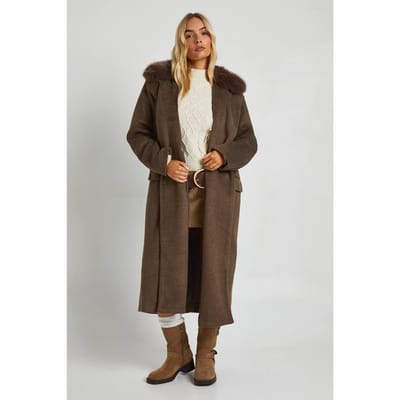 boohoo Dames Oversized Dubbelgeknoopte Jas met Wol-look en Nepbontaccent | Mushroom | Maat: 8