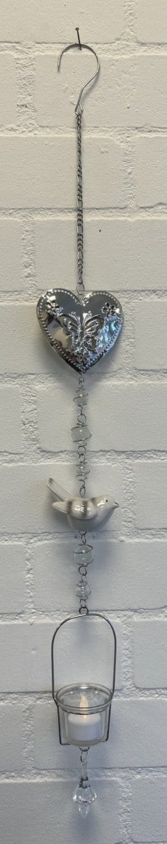 Deco theelichthouder "Hart+vlinder" met metalen ketting - Keramieke vogel - Zilveren ketting + wit/grijze vogel - lengte 85 cm - exclusief theelicht - Woondecoratie - Theelichthouder - Woonaccessoires