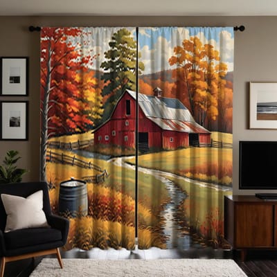 2 pièces HD Rideaux de chalet paysage de campagne Jaune à nouer rideaux imprimés numériques Style décoration maison Décoration salon b W52H63inchW132H160cm brown