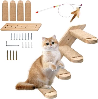 Houten kattenladder met 4 treden, klimwand voor katten tot 15 kg, speelstok en jute touw voor wandmontage, 40 cm, ideaal als katten speelgoed en klimaccessoire