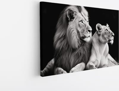 Saammp Canvas Schilderij - Zwart-wit - Leeuw - Leeuwin - Dieren - Natuur - 45x30 - Foto op canvas - Wanddecoratie - Muurdecoratie Woonkamer - Slaapkamer decoratie - Canvas Print