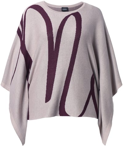Ulla Popken - Dames - Gebreide poncho penseelstreek oversized ronde hals - Grijsbeige - Maat 2+