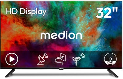 MEDION 80 cm 32" HD TV met DVD speler Triple Tuner DVB-T2 HD DVB-C DVB-S2 2x HDMI USB hoofdtelefoonaansluiting AV in mediaspeler CI+, MD832003