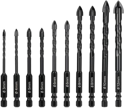 Set van 10 Tegel-, Steen- en Glasboren - Hardmetalen Boren 3 tot 12 mm