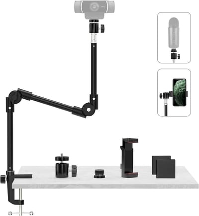 Camerahouder tafel Magic Arm, 55,1 cm webcamhouder 360° tafelstatief met telefoonhouder voor projector ringlicht Logitech C922 C930e C920 C925e C615 4K GoPro Hero Blue Yeti (1/4 inch 5/8 inch