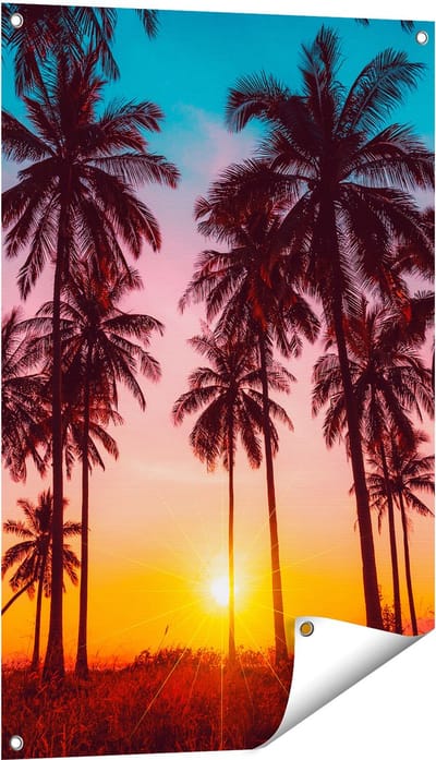Gards Tuinposter Palmbomen op het Strand bij Zonsondergang - 60x90 cm - Tuindoek - Tuindecoratie - Wanddecoratie buiten - Tuinschilderij