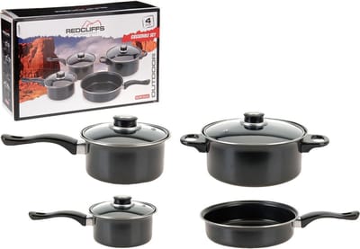 Redcliffs 4-delige Pannenset - met 3 Glazen Deksels - Anti-Aanbaklaag - Camping/ Kamperen - Steelpannen, Hapjespan, Kookpan