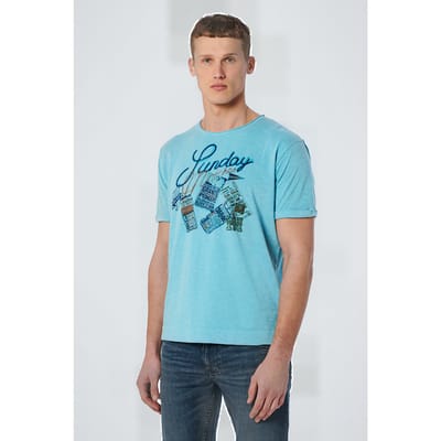 No Excess T-shirt Crewneck Print Garment Dyed Light Aqua Größe: S | Bedruckte T-Shirts Outlet | Herren | Cyan