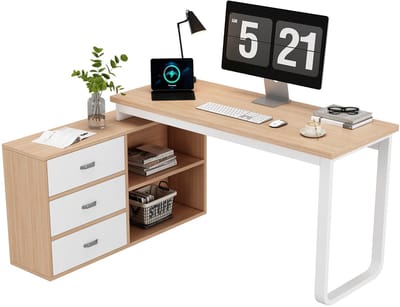 Merax Bureau 135×50 cm met 3 Laden en 2 Open Vakken – Stevig Werkblad – Metalen Frame – Licht Houtkleur met Wit