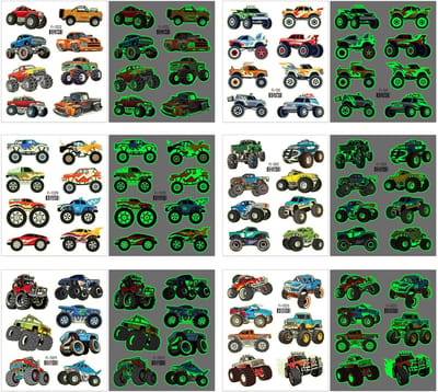 Dailygoods- Tatoeages Tijdelijk - 12 Stuks Glow in het Donker - Monster Truck/Vrachtwagens - Autotatoeages - Hoogwaardig Papier - 12 × 10,5 cm - Tatoeagestickers