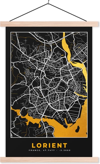 Posterhanger incl. Poster 40x60 cm - Schoolplaat - Kaart – Stadskaart – Lorient - Frankrijk – Plattegrond - Textielposter - Blanke latten - Stadskaart