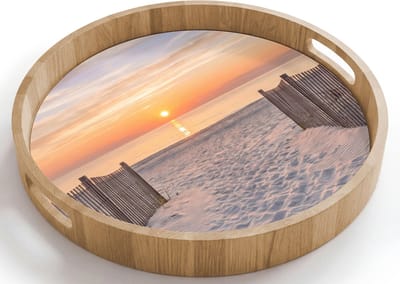 Dienblad rond 40x40 cm - Schootdienblad hout - Zonsondergang - Strand - Zand - Borrelplank rechthoek - Plateau houten dienbladen