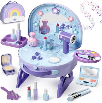 Kinderdressingtafel met accessoires in regenboogontwerp, paarse make-up set voor fantasierijk spel