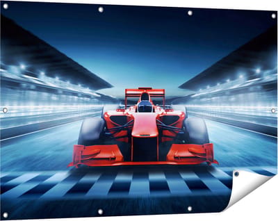 Gards Tuinposter Formule 1 Auto bij de Finish - Rood - 120x80 cm - Tuindoek - Tuindecoratie - Wanddecoratie buiten - Tuinschilderij