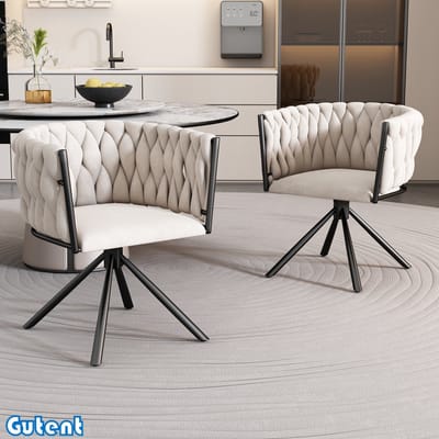 Gutent Fluwelen Eetkamerstoel-Set van 2-Casual Draaistoel-Met Vier Metalen Ondersteunende Poten-Beige