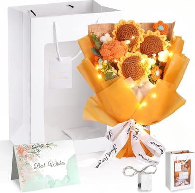 Gehaakte Bloemenboeket met Verlichte Zak en Wenskaart, Kunstmatige Rozen voor Verjaardag, Moederdag en Kerst, Perfecte Cadeaus voor Vrouwen