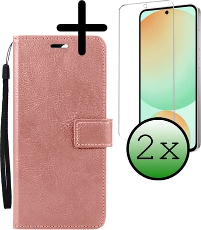 Hoesje Met 2x Screenprotector - Geschikt voor Samsung Galaxy S24 FE - Luxe Pasjeshouder - Bookcase Portemonee - Flip Case - Kunstleer Book Case - Flipcase Hoes - Book Cover - Walletcase - Portemonneehoes - Rosé goud