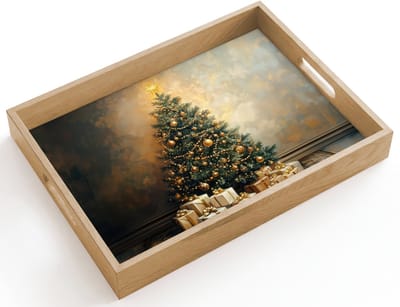 Dienblad hout 40x30 cm - Schootdienblad - Kerstboom - Cadeaus - Goud - Borrelplank rechthoek - Plateau dienbladen