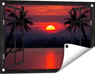 Gards Tuinposter Doorkijk Zonsondergang op het Strand met Palmbomen - 60x40 cm - Tuindoek - Tuindecoratie - Wanddecoratie buiten - Tuinschilderij