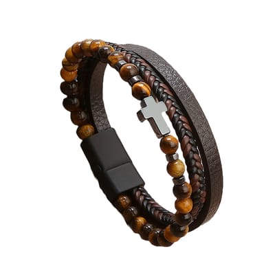 Sorprese armband - Luxury - kruis - armband heren - leer - bruin - zwarte sluiting - cadeau - Model I