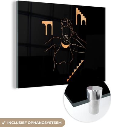 MuchoWow® Glasschilderij 160x120 cm - Schilderij acrylglas - Vrouw - Goud - Line art - Foto op glas - Schilderijen