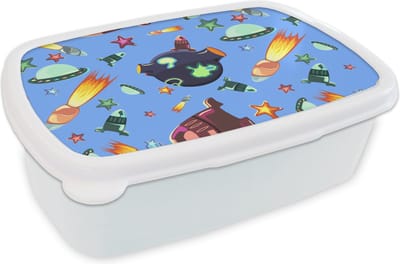 Broodtrommel Wit - Lunchbox - Brooddoos - Ruimte - Regenboog - Ufo - Raket - Design - 18x12x6 cm - Volwassenen