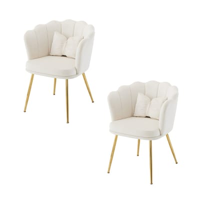 YEHTOKHOME Velvet Eetkamerstoelen set van 2 met armleuning, Bureaustoel, Make-upstoel, Ergonomisch, Fauteuil, Fluwelen stoel met bloemblad-rugleuning, Vergulde metalen poten, Vlinderkussens, Beige