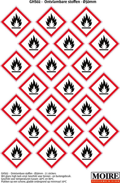 Pictogram sticker 75 stuks GHS02 - Ontvlambare stoffen - 50 x 50 mm - 15 stickers op 1 vel