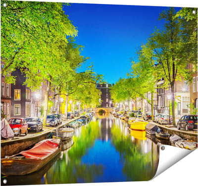 Gards Tuinposter Amsterdamse Gracht in de Nacht - 100x80 cm - Tuindoek - Tuindecoratie - Wanddecoratie buiten - Tuinschilderij