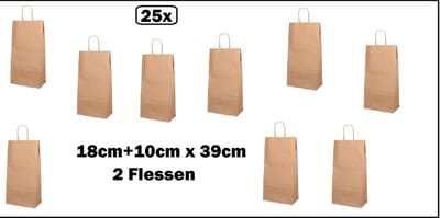 25x BIO Nature Kraft Wijntas 18+10x39cm voor 2x Fles - Wijn kerst kado feest fles drank