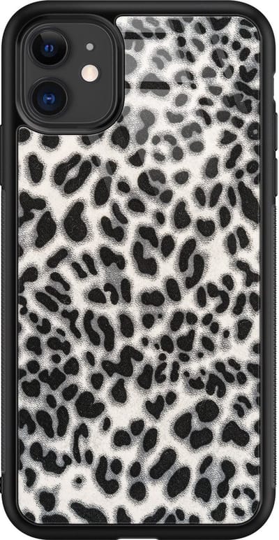 Hoesje geschikt voor iPhone 11 - Luipaard grijs - Luxe Glazen Hardcase - Hippe print - Grijs - Leuke Telefoonhoesjes