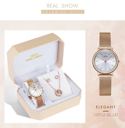 Boerni Aibisino Horloge, Oorbellen en Ketting Rosé  luxe geschenk set | Crystal glass | Premium kwaliteit uurwerk Quartz Japan | Mineraal | Geschenk | Fashion | Elegant | Dames | Vrouw |  Black Friday