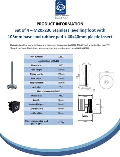 Roestvrijstalen voet M20x230 met een voetdiameter van 105 mm, voorzien van rubberen pad + inzetstuk 40x40x2 mm – Set van 4