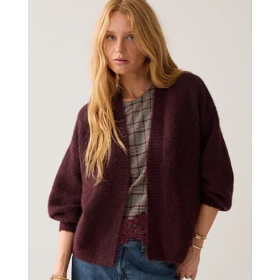 Summum 7s5844-7997 335 puff sleeve cardigan cozy melange knit dark burgundy