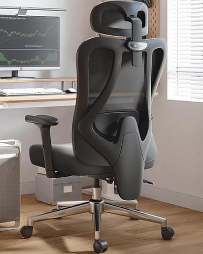 Ergonomische Bureaustoel – Pro Office Chair met Verstelbare Hoofdsteun, 2D Lendensteun, 6-voudige Armleuningen & Ademend Net – Grote Hellingshoek, Comfortabel voor Thuiswerken & Kantoor – Zwart
