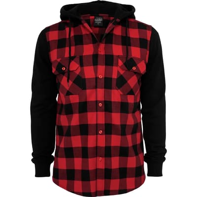 Urban Classics - Hooded Checked Flanell Sweat Sleeve Overhemd - S - Zwart/Rood