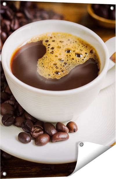 Gards Tuinposter Kopje Koffie met Koffiebonen - 60x80 cm - Tuindoek - Tuindecoratie - Wanddecoratie buiten - Tuinschilderij